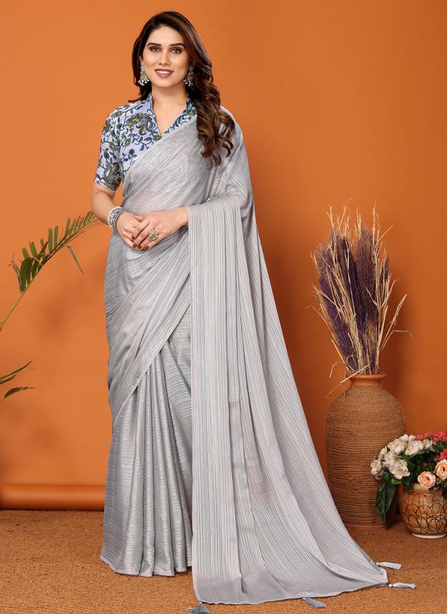 Polyster Grey Party Wear Printed Saree